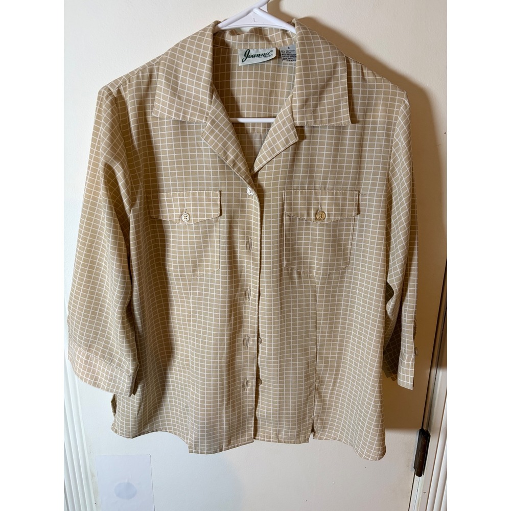 Joanna Womens Tan White Grid Button Up Shirt 3/4 Sleeve Pocket Blouse Size S